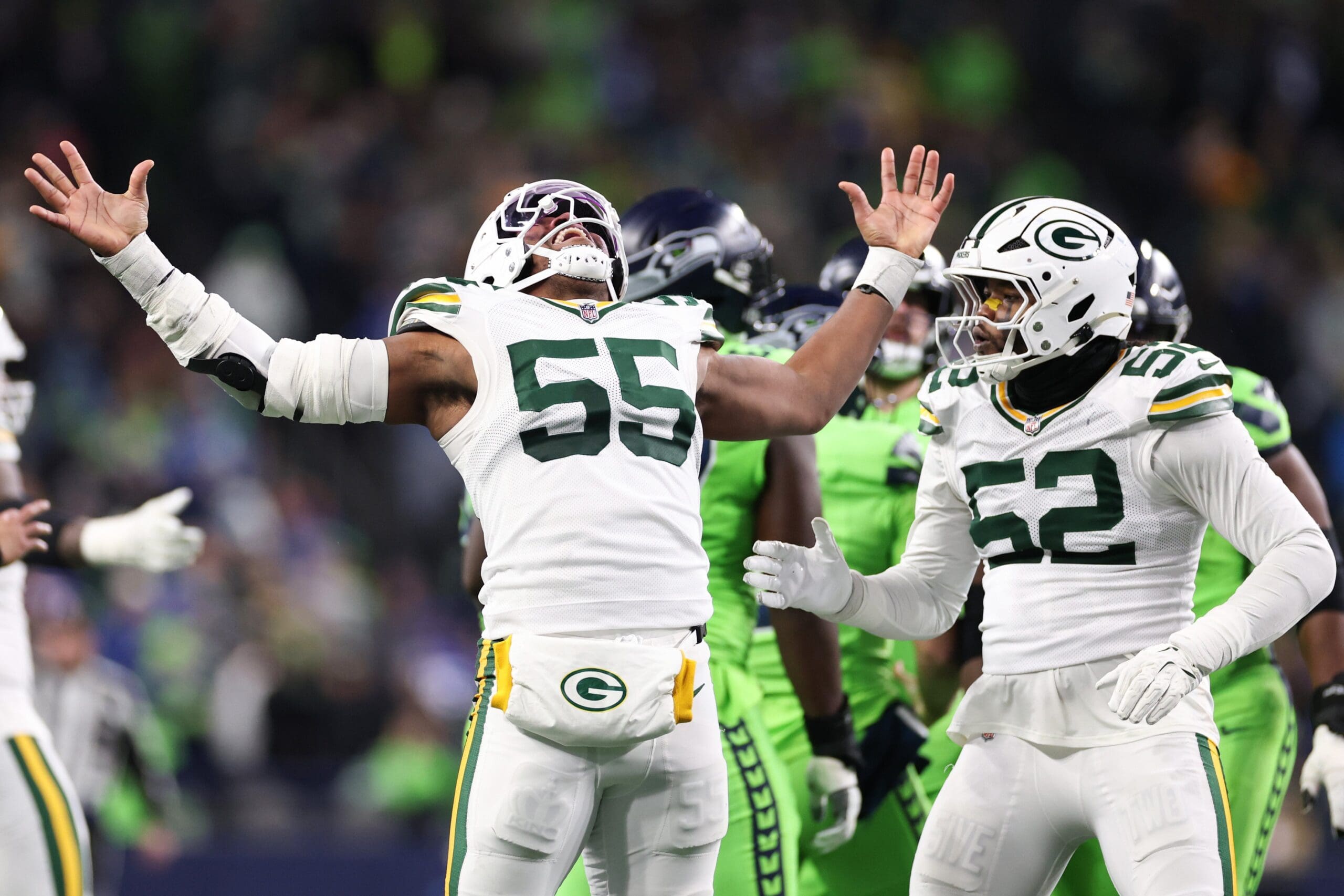 Kingsley Enagbare of the Green Bay Packers celebrates