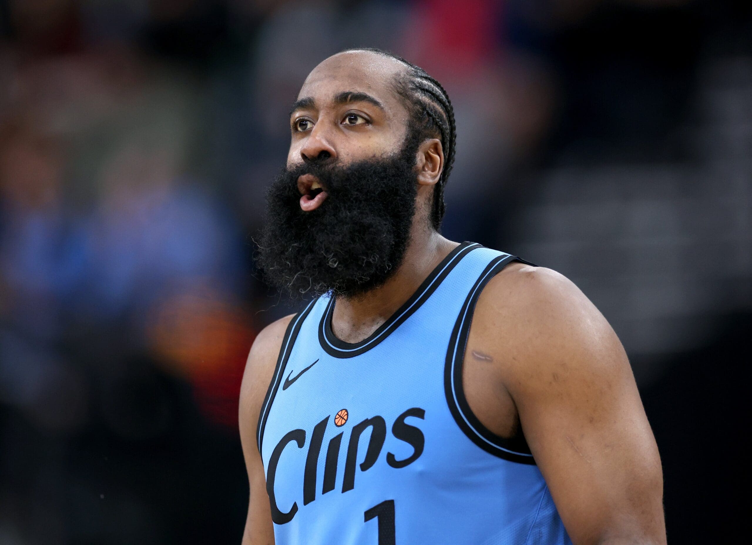 James Harden #1 of the LA Clippers reacts to his foul during a 102-92 Clippers win over the Golden State Warriors at Intuit Dome on December 27, 2024 in Inglewood, California.