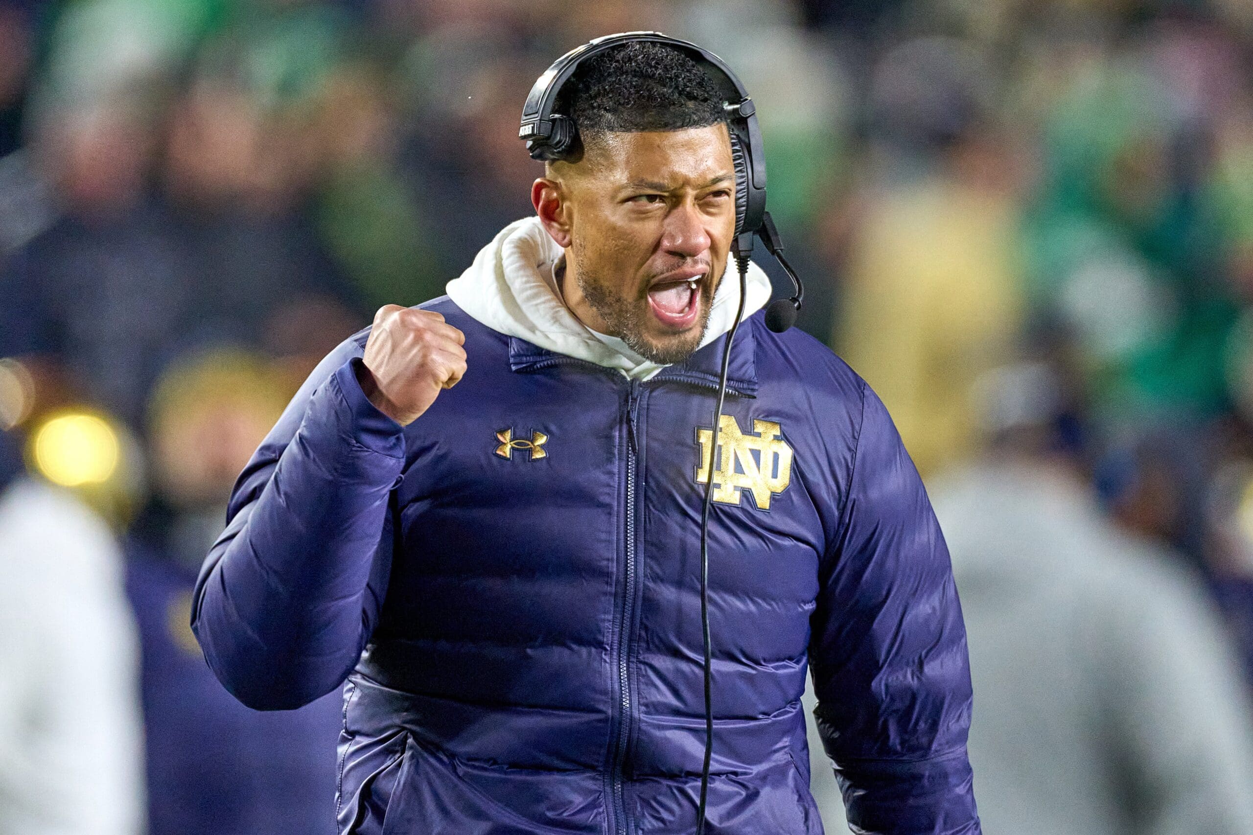 Notre Dame Fighting Irish head coach Marcus Freeman reacts after a play in action during the Playoff First Round game between the Notre Dame Fighting Irish and the Indiana Hoosiers at Notre Dame Stadium on December 20, 2024 in South Bend, Indiana.