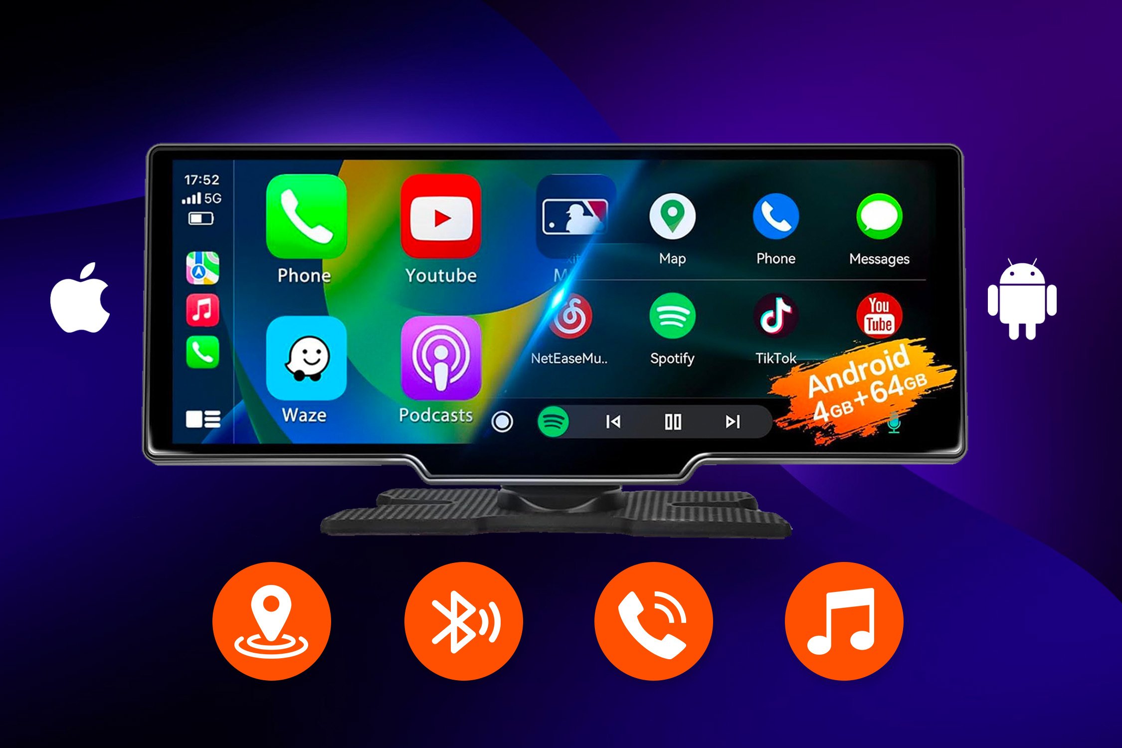 10-inch Touchscreen Wi-Fi/Bluetooth Wireless Car Display with Apple CarPlay & Android Auto Support