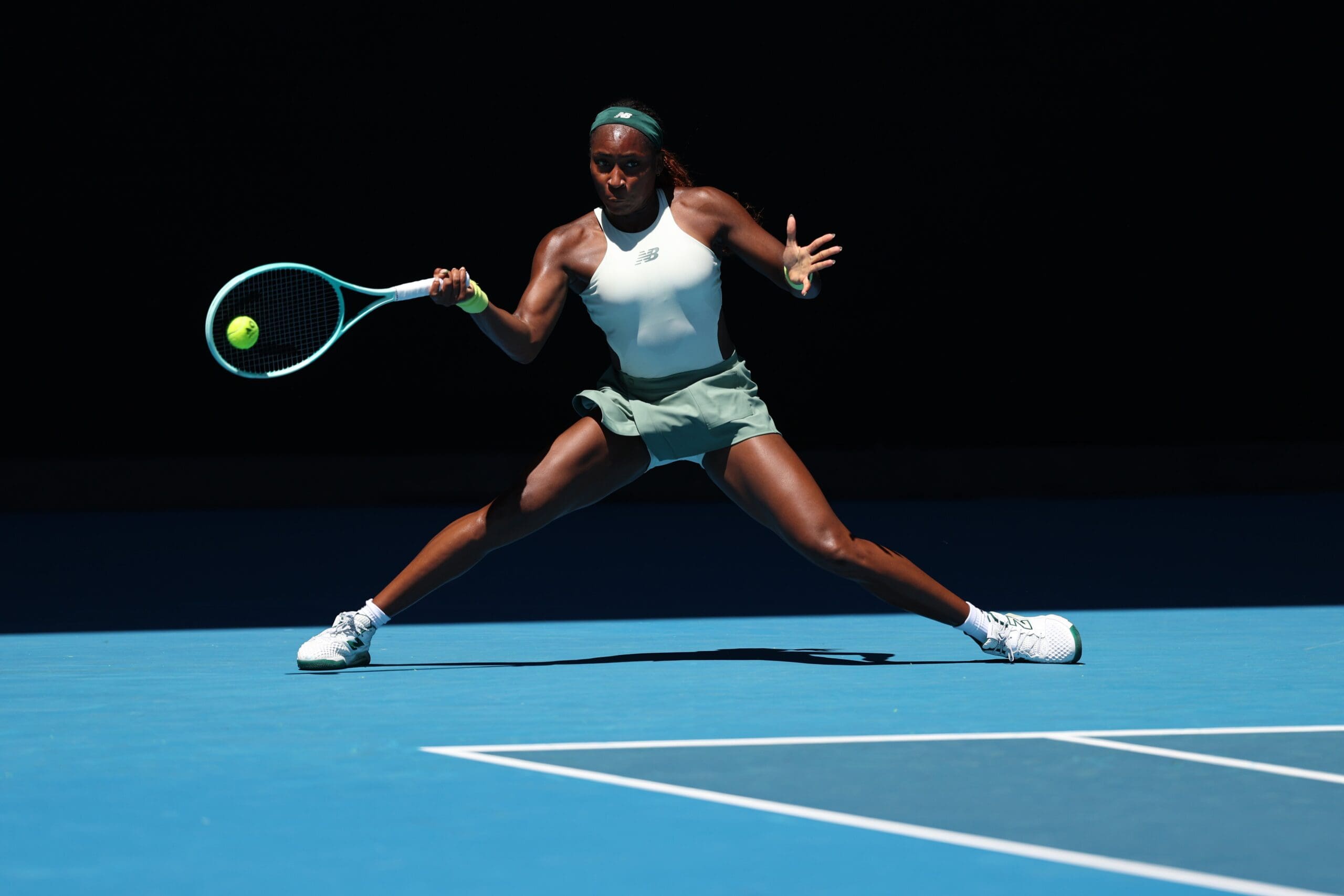 Coco Gauff of the United States plays a forehand