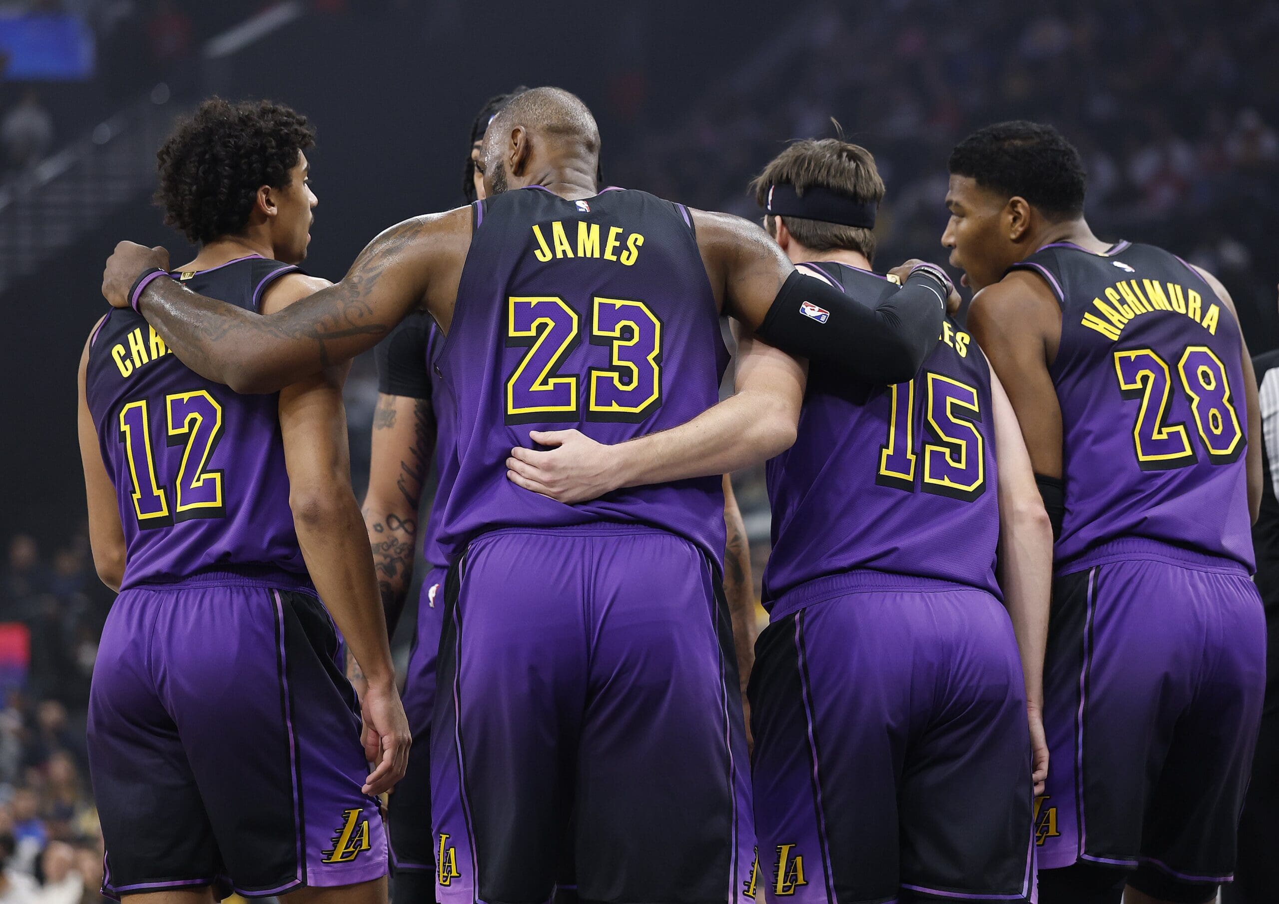 LeBron James of the Los Angeles Lakers huddles up