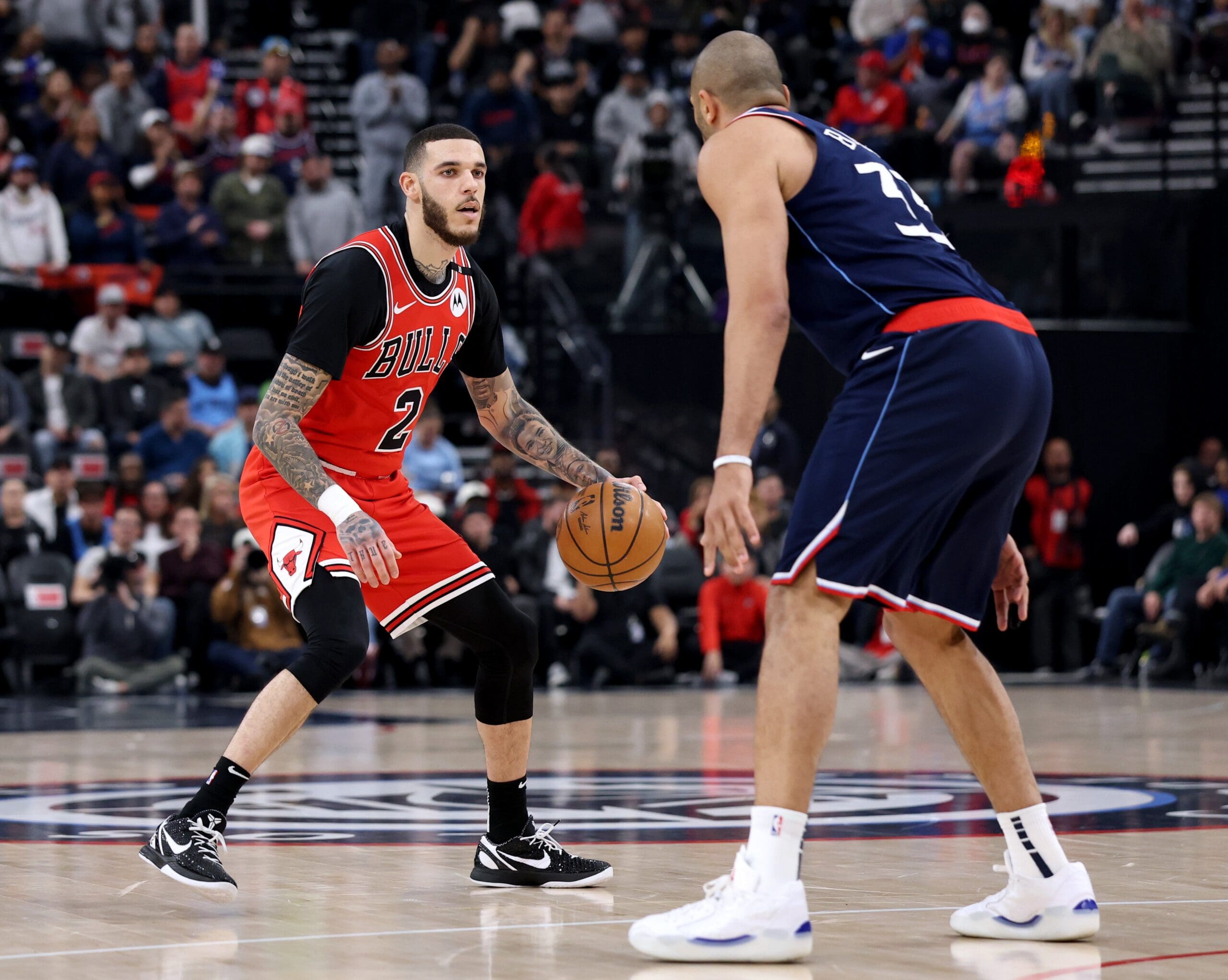 cb1. dribbles in front of Nicolas Batum #33 of the LA Clippers during a 112-99 Bulls win at Intuit Dome on January 20, 2025 in Inglewood, California.