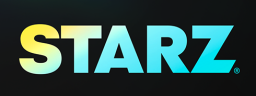 Starz logo with blue font on black background