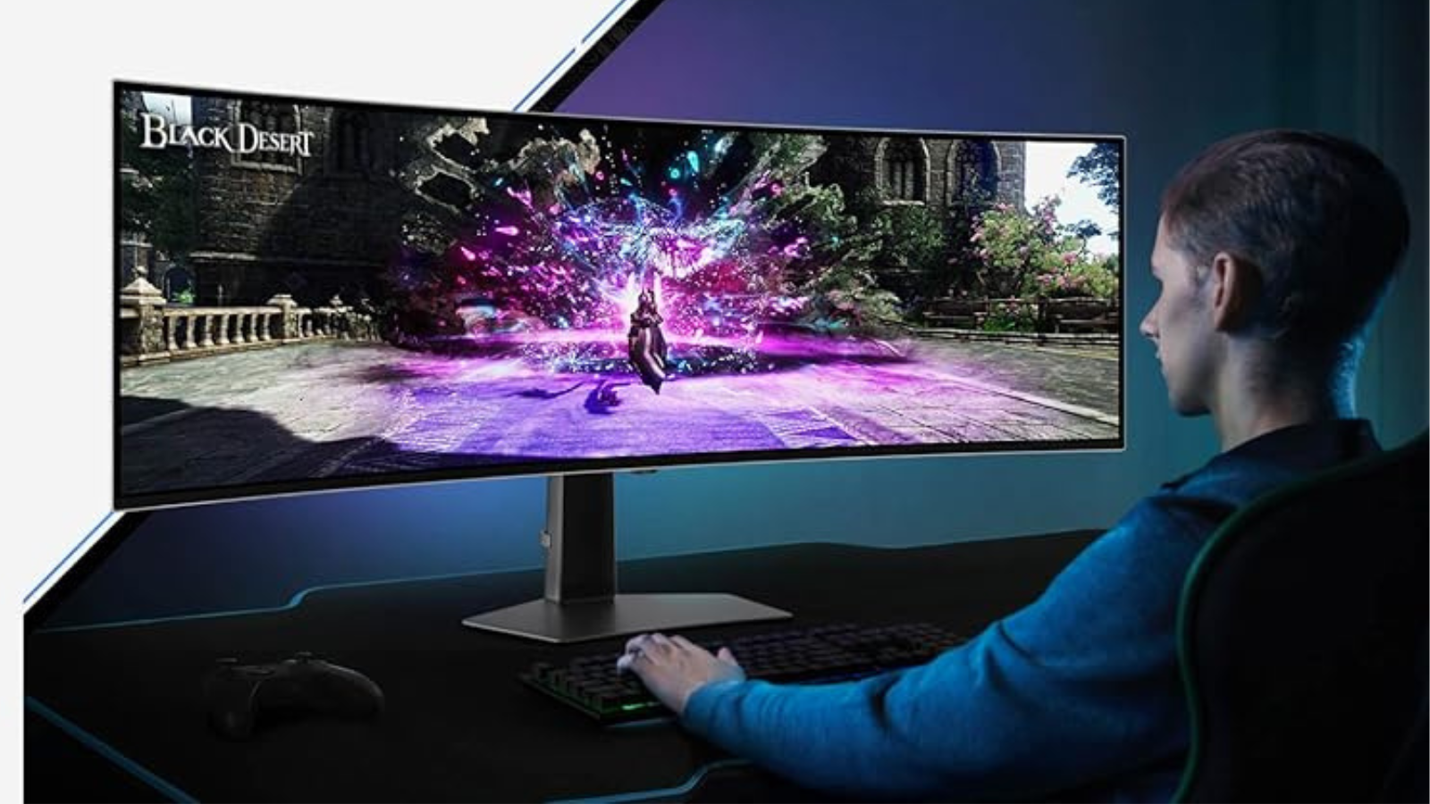 man playing video game on Samsung Odyssey G93SC monitor