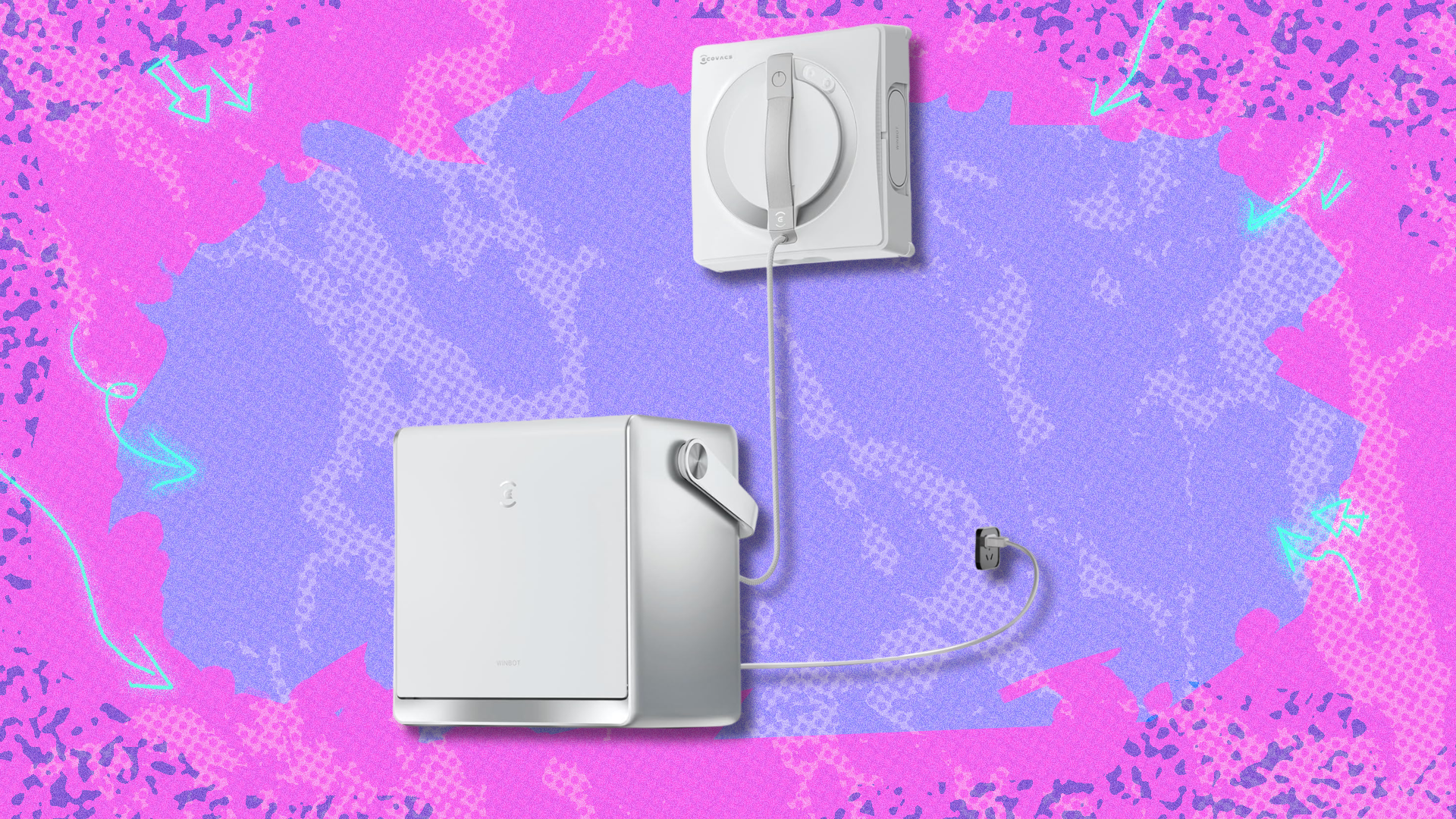 Ecovacs Winbot W2 Pro on pink and purple abstract background