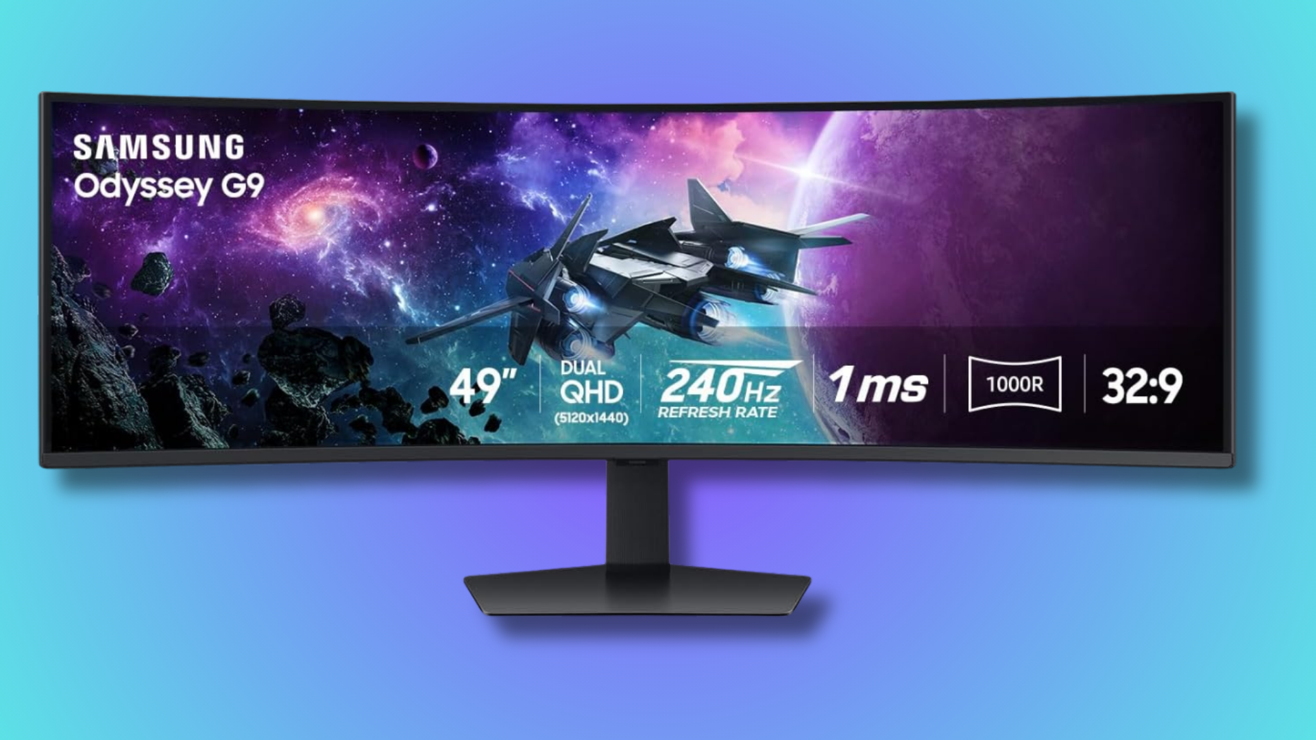 A Samsung 49-inch Odyssey G9 gaming monitor on a colorful background