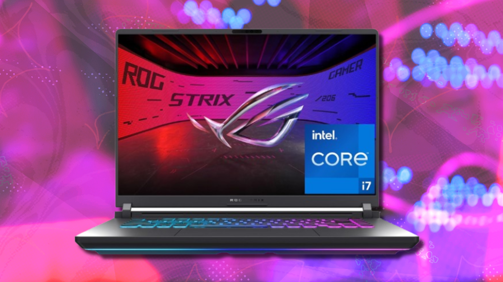 ASUS ROG Strix G16 laptop with colorful abstract background