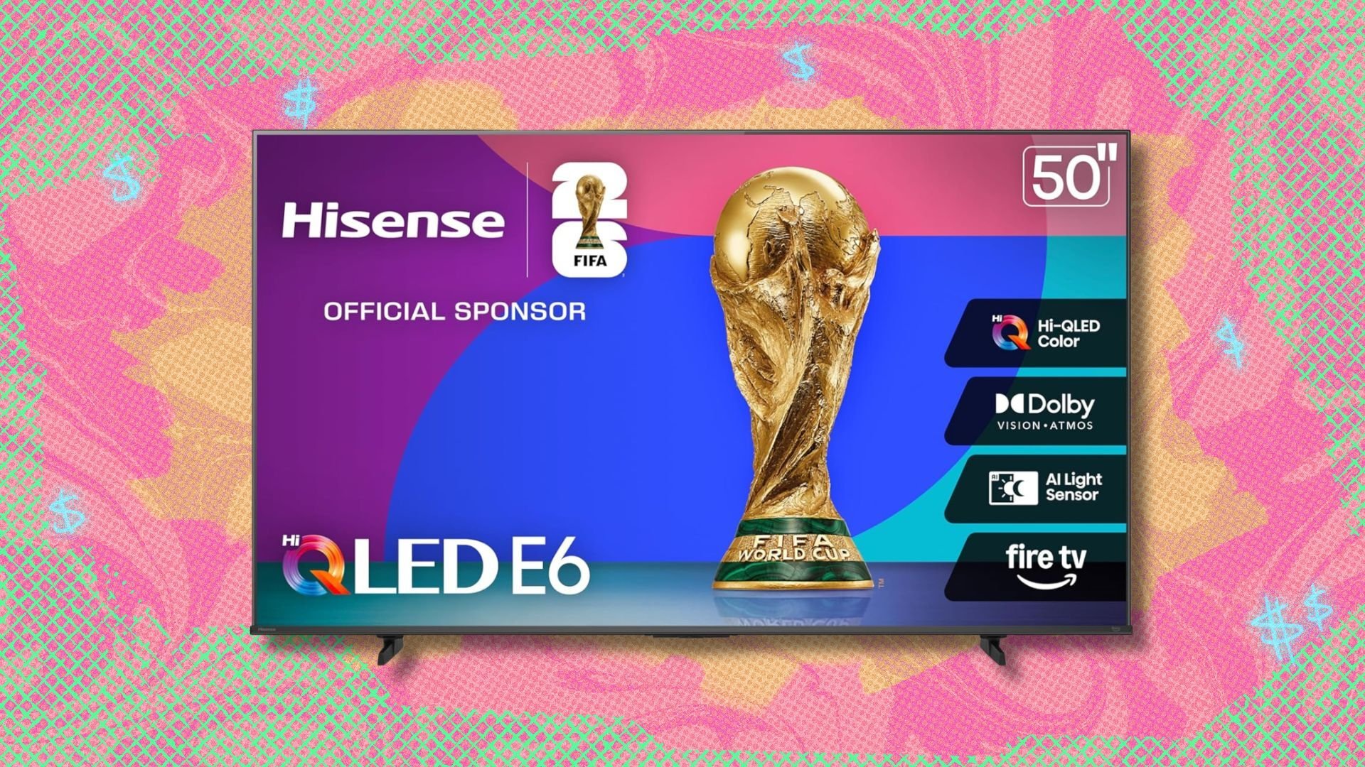 hisense 50-inch e6 cinema series hi-qled 4k tv against a yellow, pink, and green patterned background
