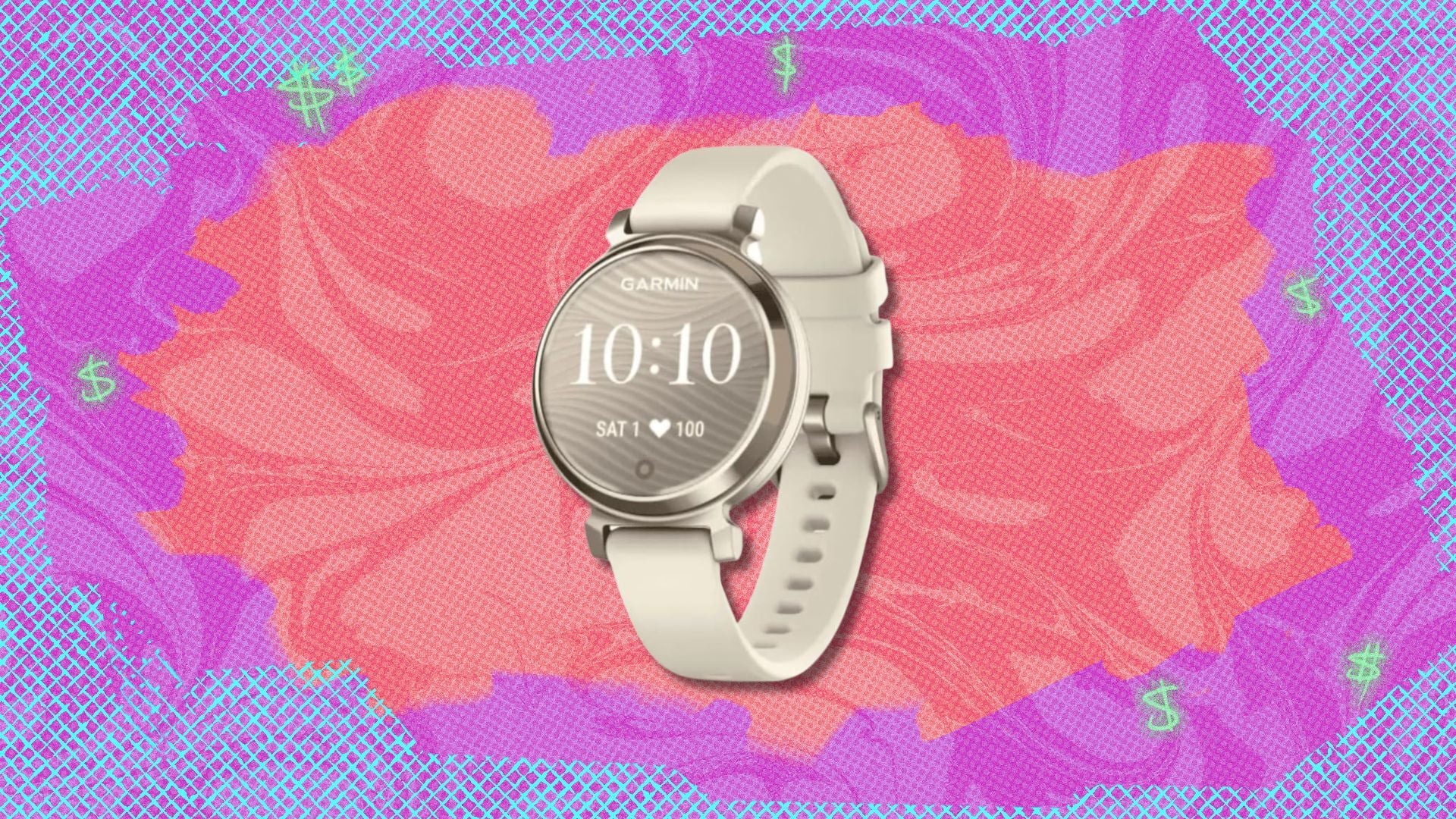 garmin lily 2 against a red, purple, and blue patterned background