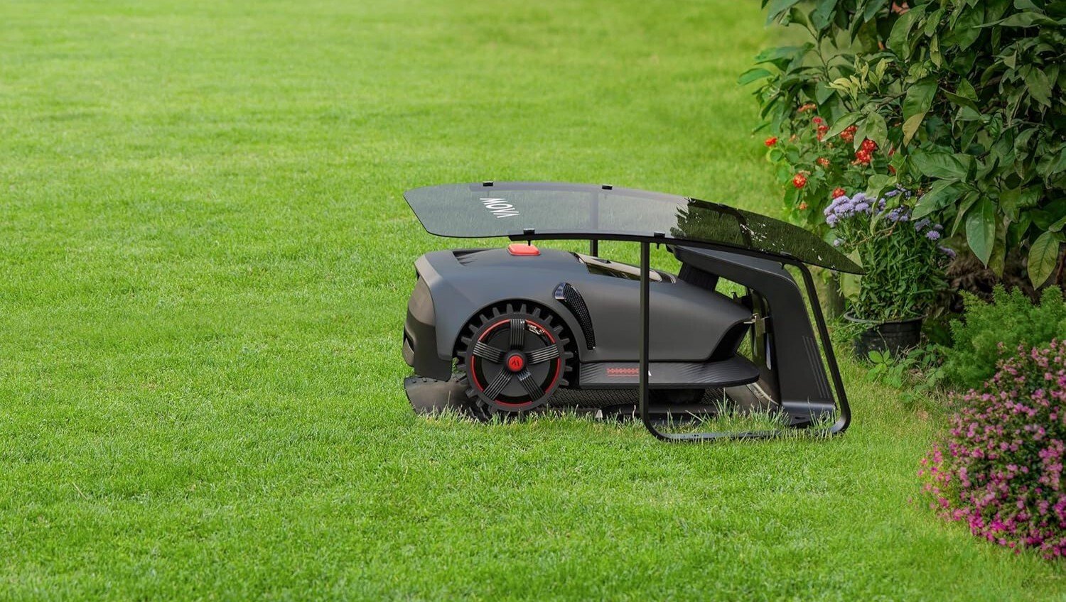 the Mova Lidax Ultra 2000 robot lawn mower sits under its garage on a grassy lawn