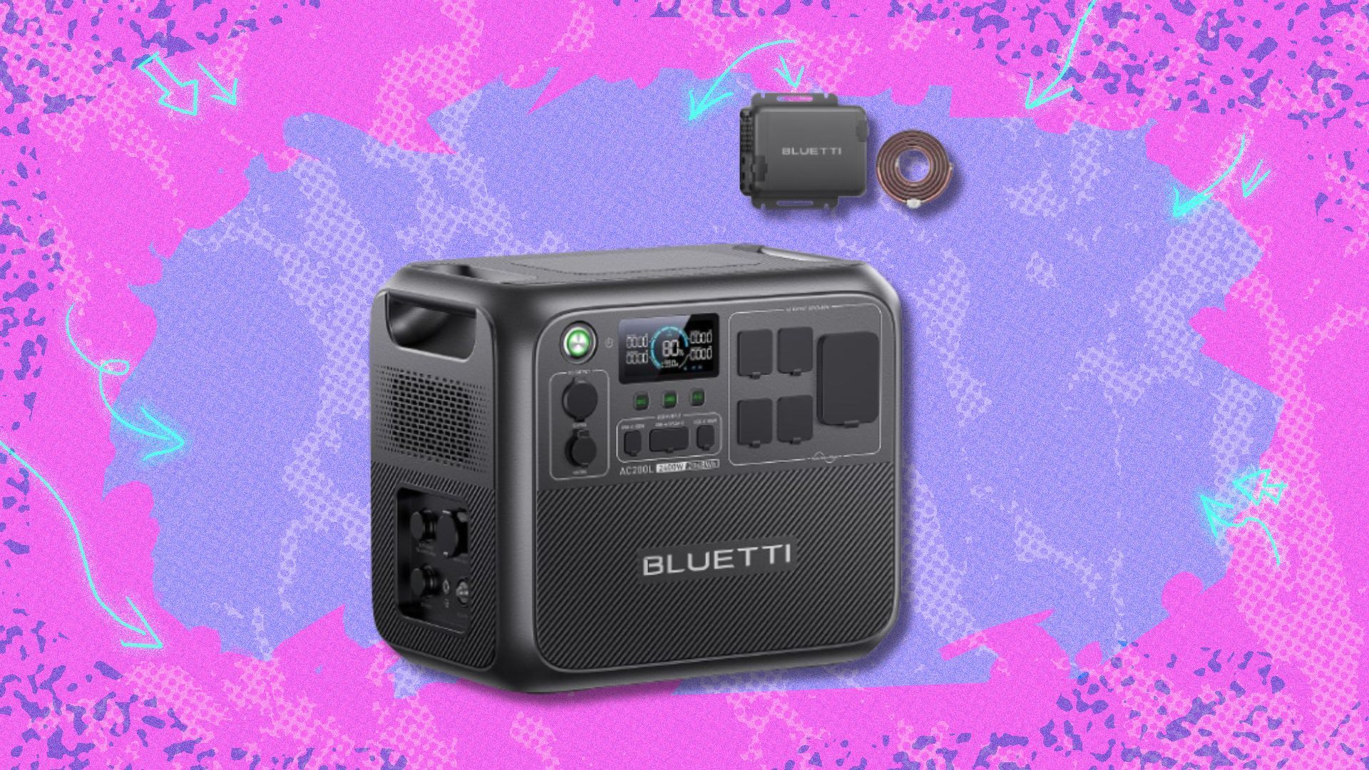 the Bluetti AC200L with charger 1 on a pink and purple background