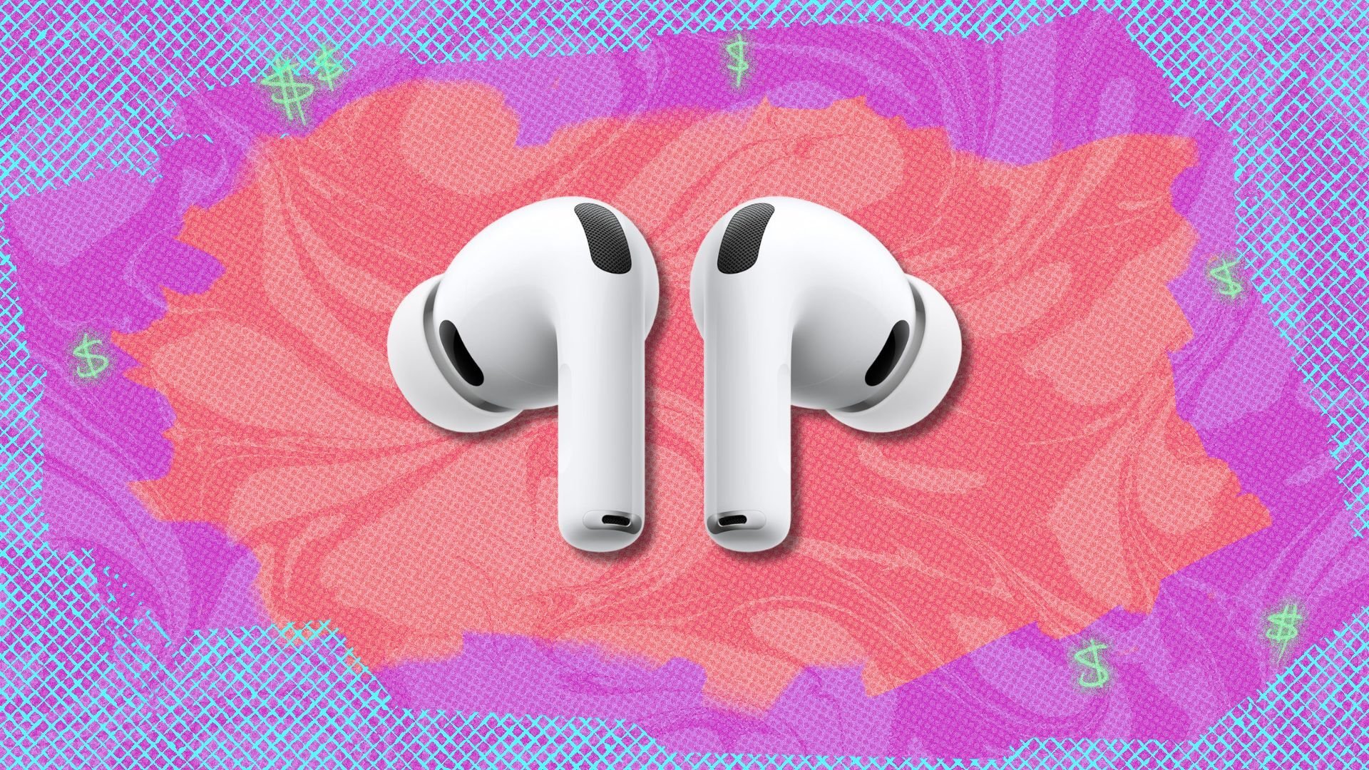airpods pro 3 against a red, purple, and blue patterned background