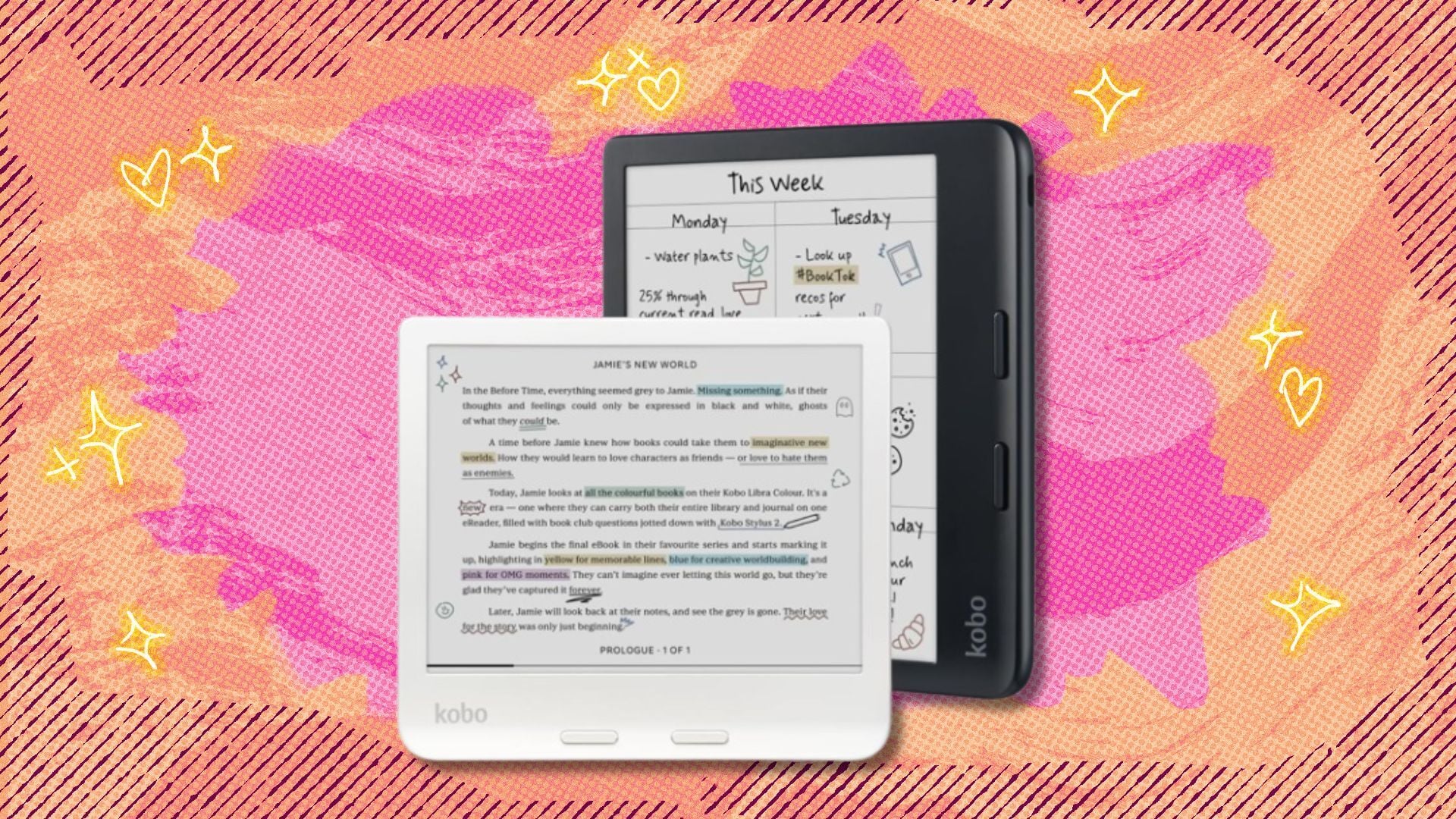 the Kobo Libra Colour in white and black on a pink and orange background