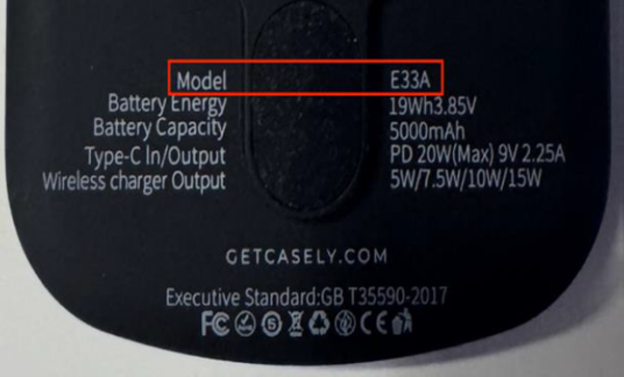 close-up of device information on back of casely power bank