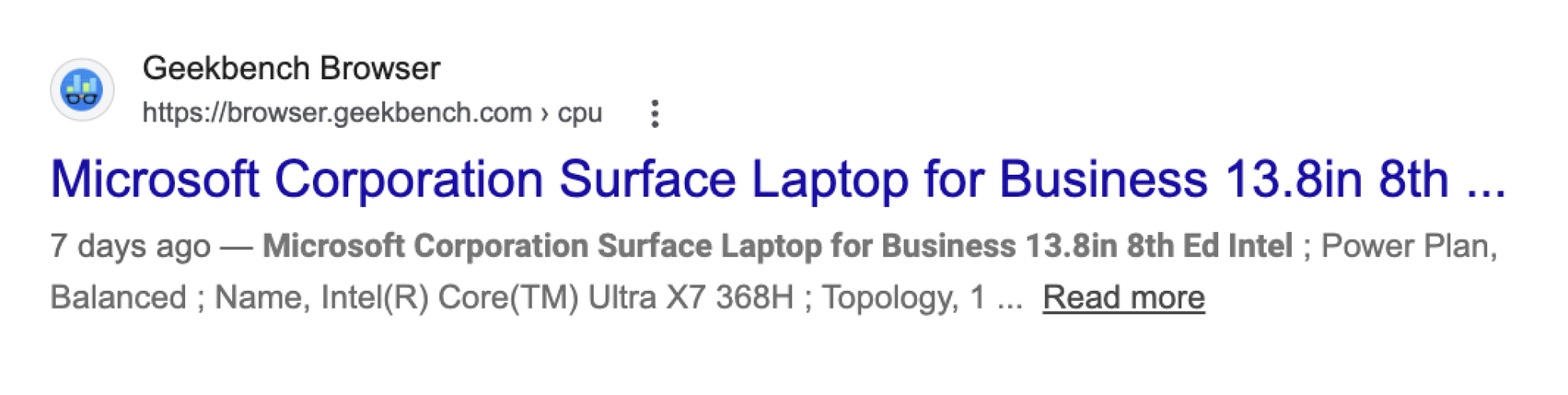 a screenshot of a cached google search result for an unreleased microsoft surface laptop's geekbench 6 results