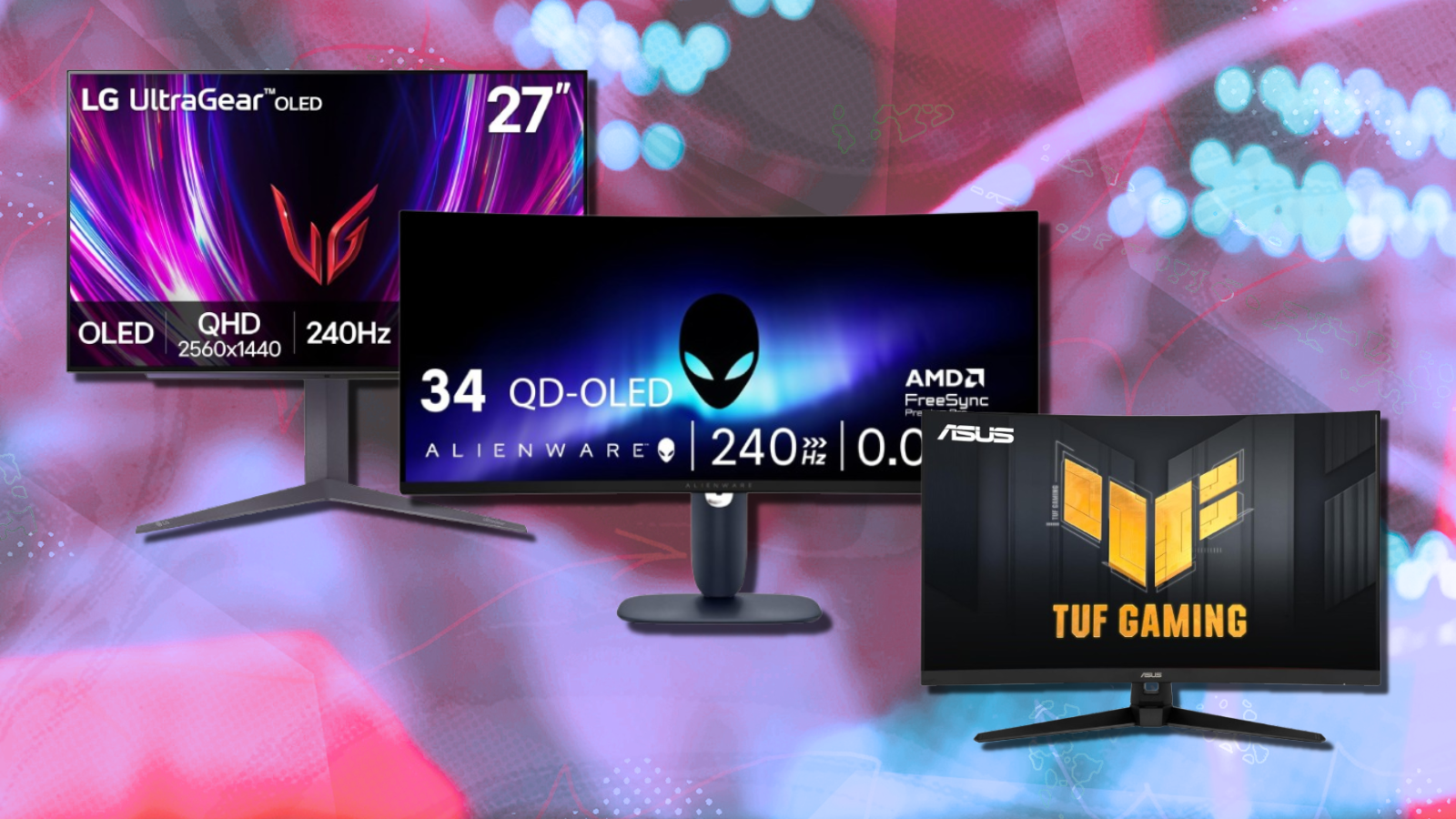 Alienware, ASUS, and LG gaming monitors with colorful abstract background