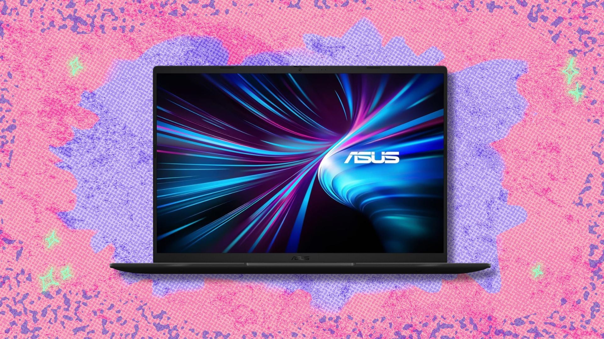 asus v16 gaming laptop against a pink and purple patterned background