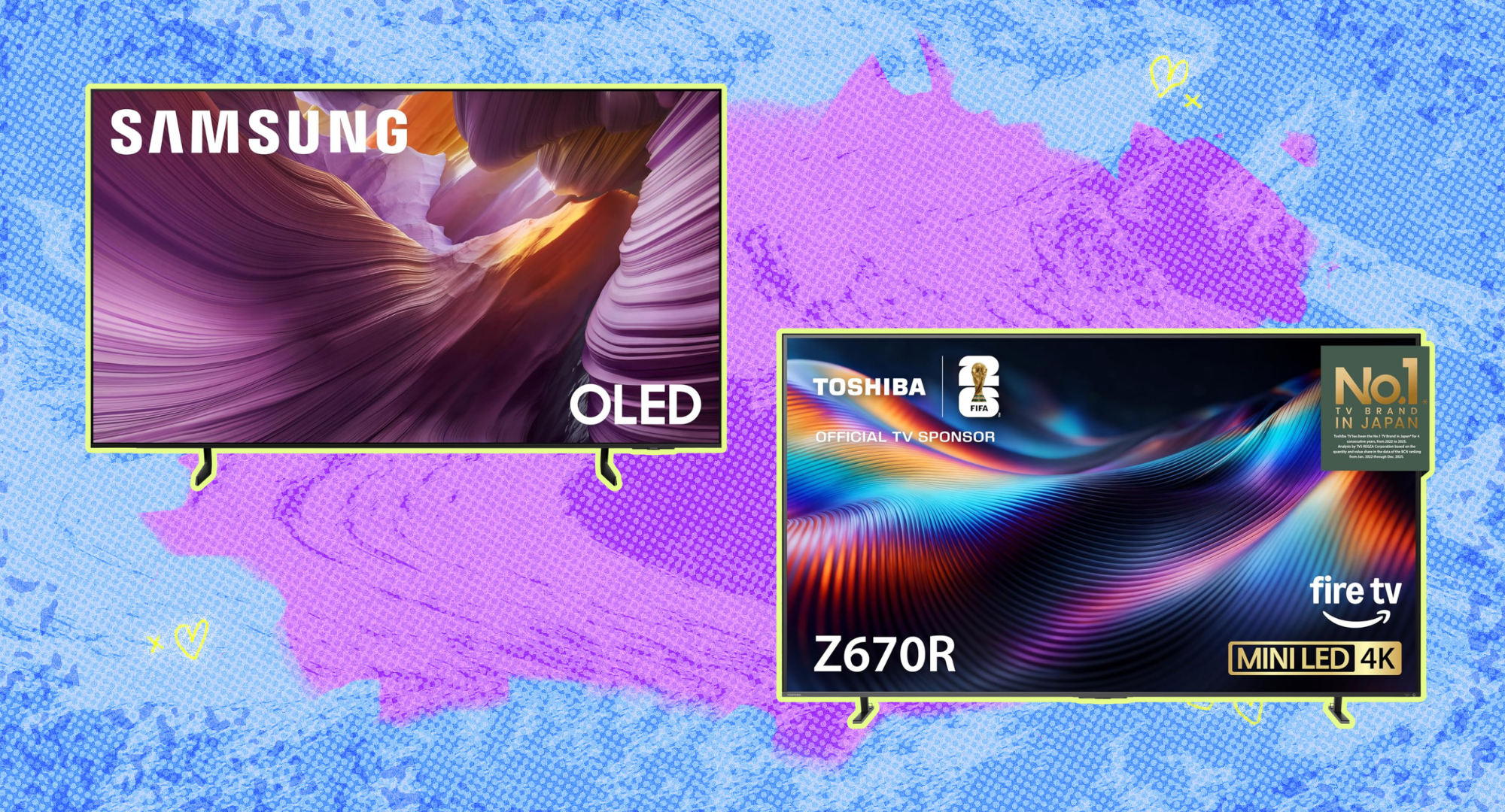 A samsung and toshiba 4k Tv against a colorful background. 