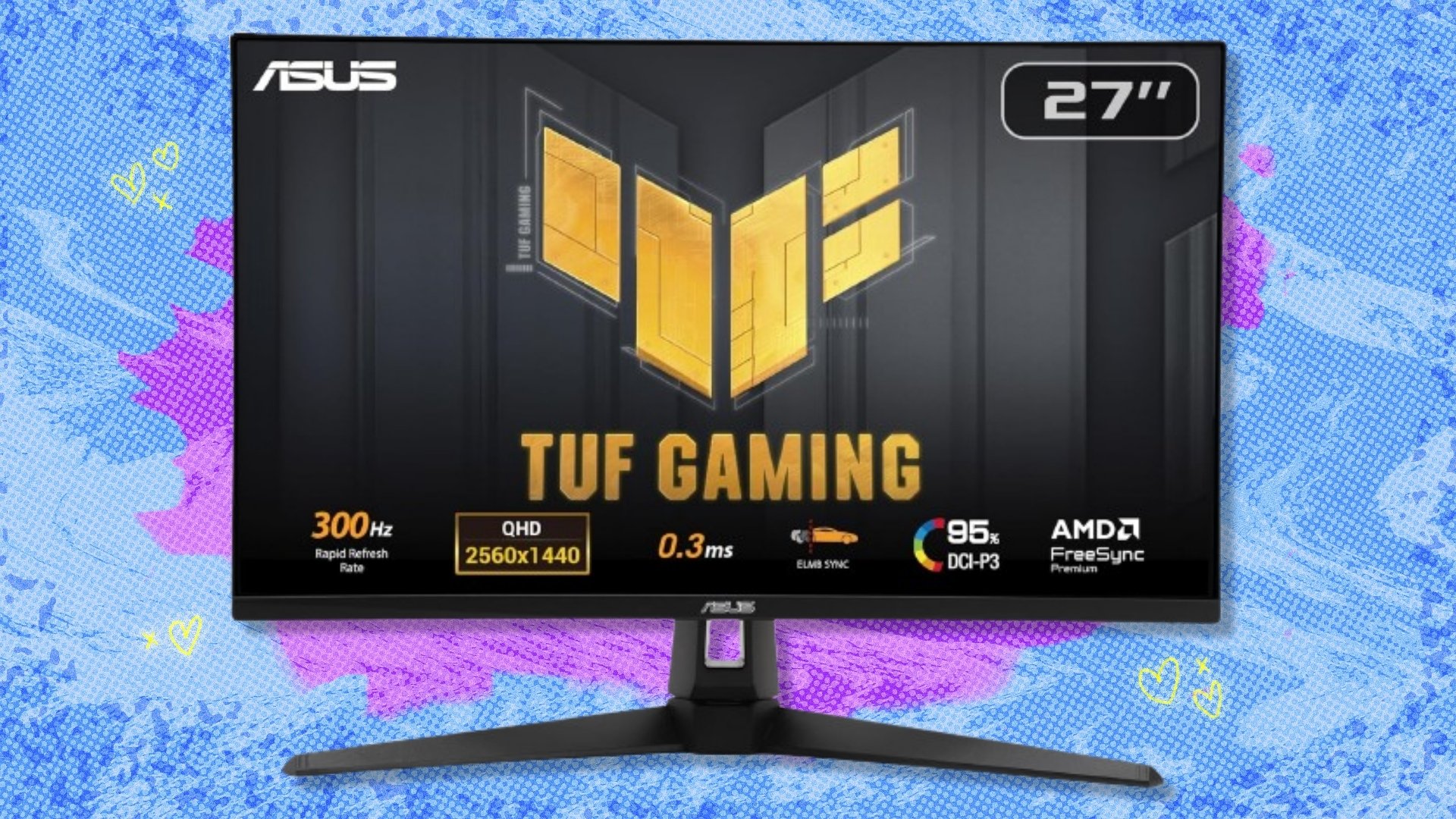 The 27-inch 1440p ASUS TUF gaming monitor (VG27AQM5A) on a blue and purple background